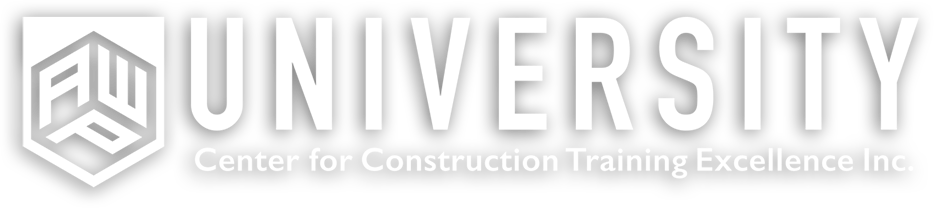 White AWP University logo with drop shadow, representing the Advanced Work Packaging training division of the Center for Construction Training Excellence.